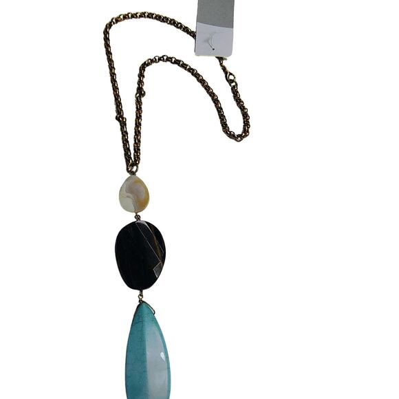 Vintage Pendant Statement Necklace Turquoise Tigers Eye MOP Gold Round Link 18In - Picture 4 of 4